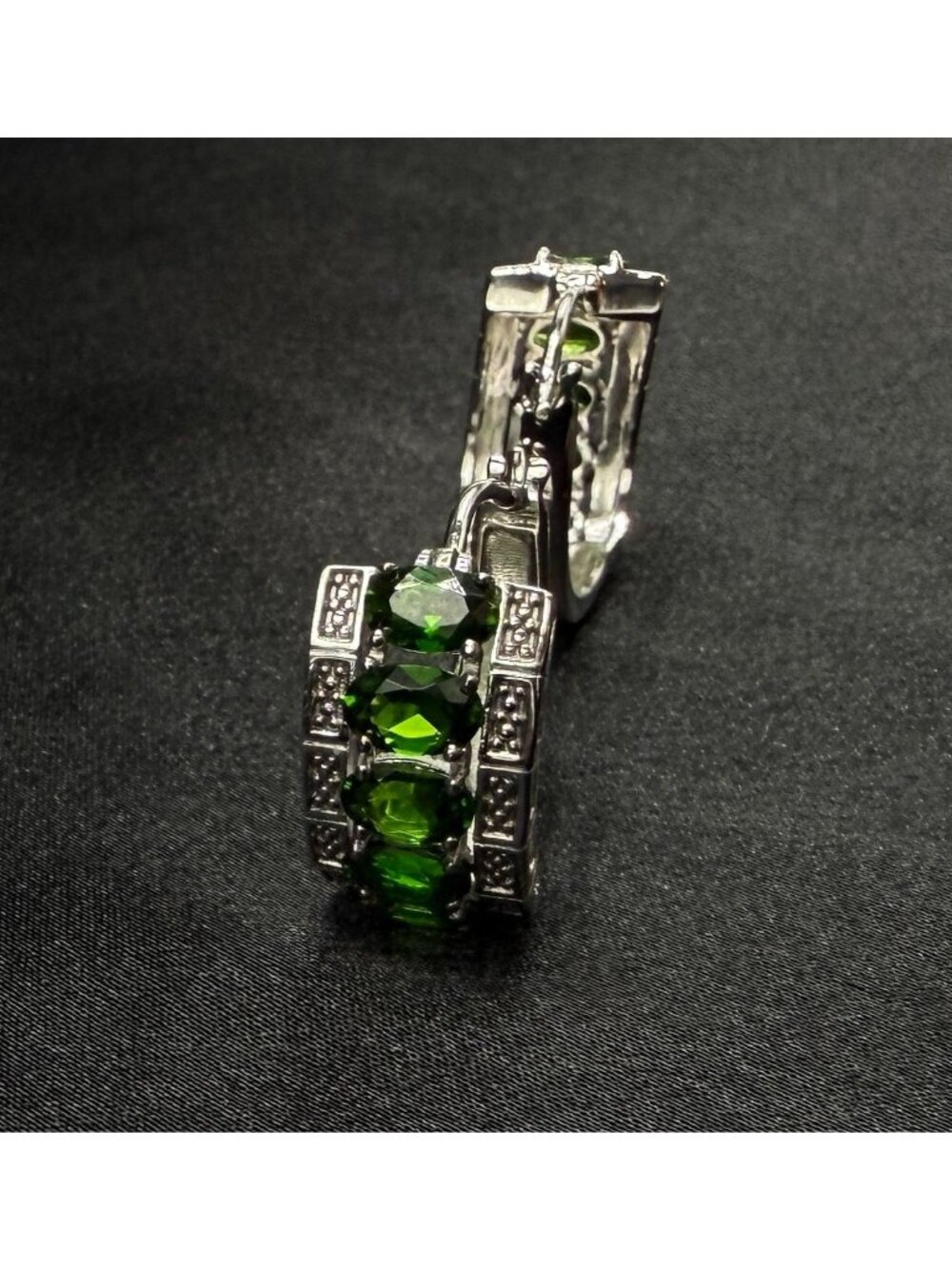 DK Signed 925 Sterling Silver Chrome Diopside Hoop Earrings
